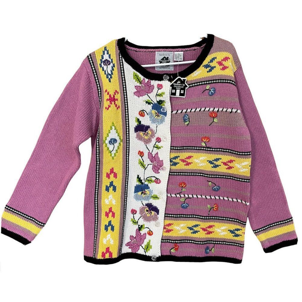 NWT Storybooks Knits Women’s Sm Sweater FLORAL Pansy Beaded Hand knit Colorful
